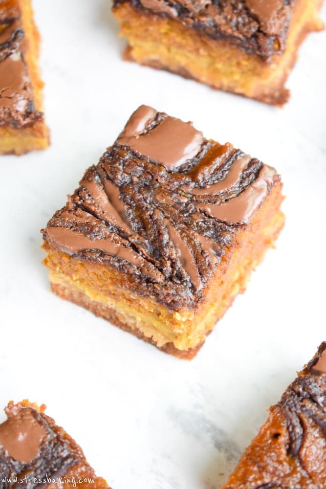Homemade Nutella swirl through a thick layer of pumpkin pie filling, sitting atop a shortbread crust 
